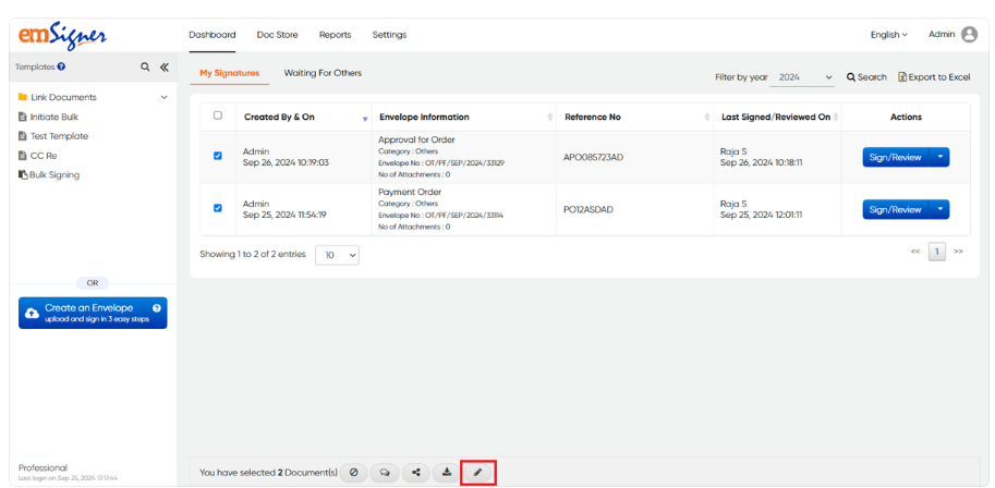 Bulk Signing in Dashboard