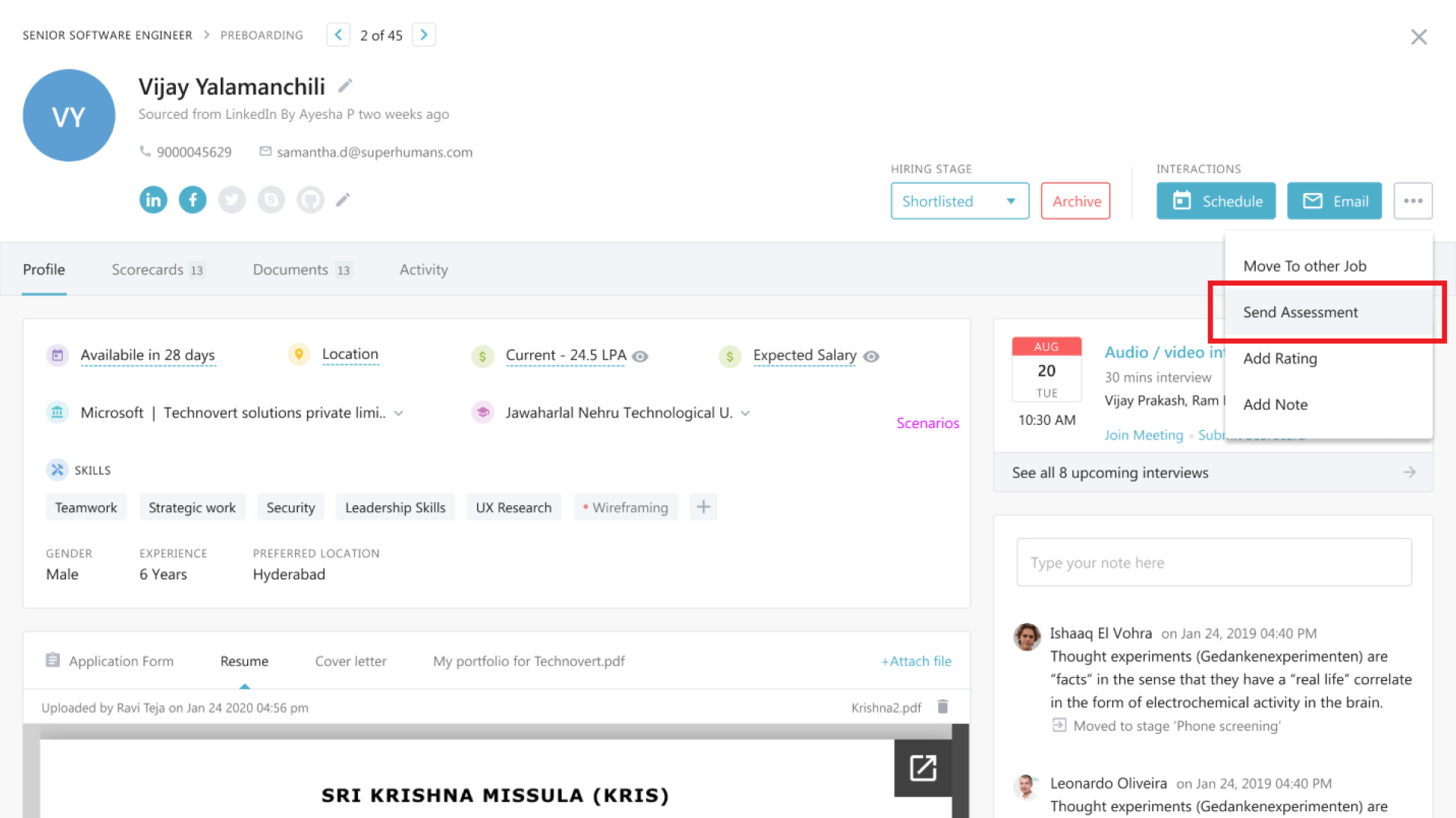 Schedule assessments directly from Keka